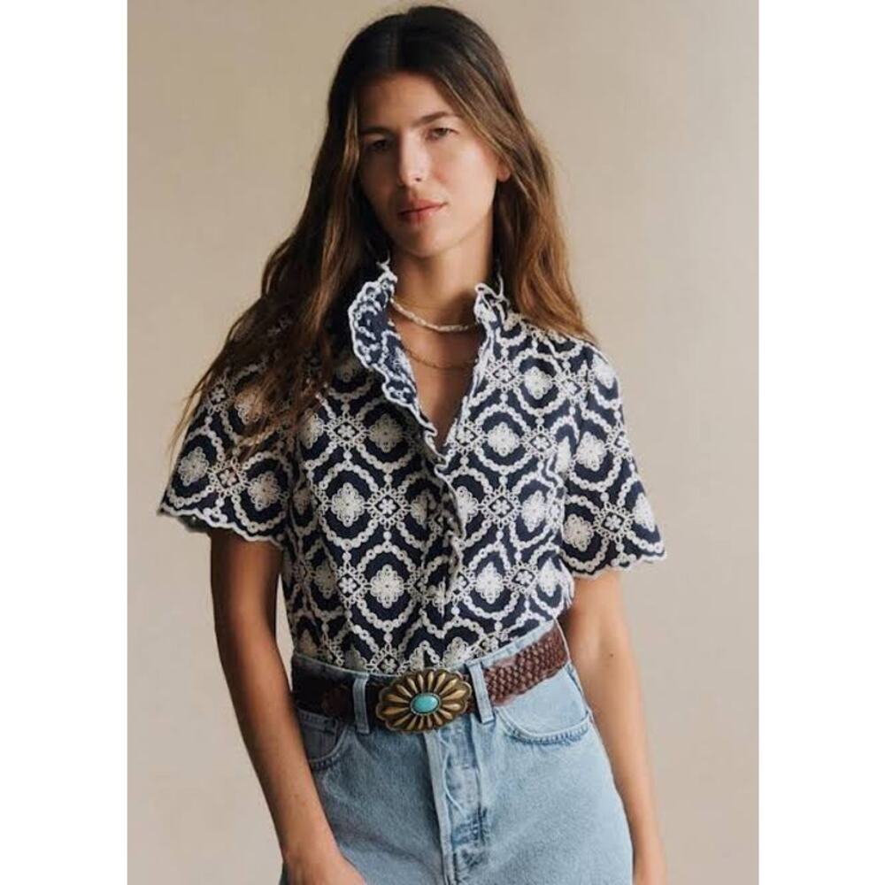 Sezane Navy and White Crochet-Pattern Short Sleeve Blouse